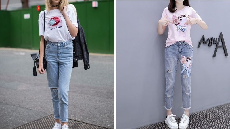 Áo pull họa tiết và quần jeans