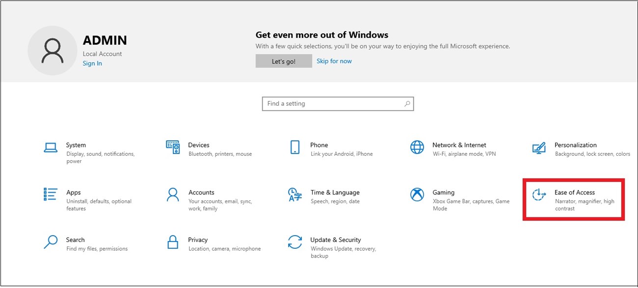 Trên cửa sổ Windows Settings, chọn mục Ease of Access.