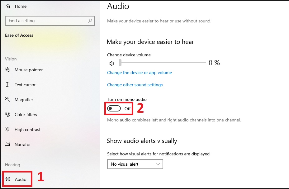 Chọn Audio options > Kéo thanh trượt tại mục Mono Audio để bật chế độ này.