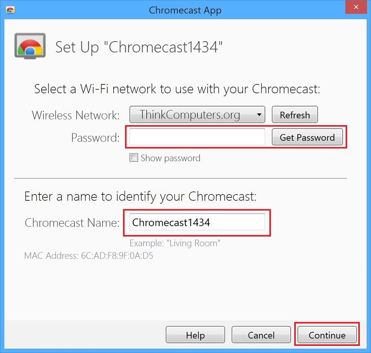 Khi nhận yêu cầu cần kiểm tra thông tin về mật khẩu Wifi cho thiết bị kết nối, bạn có thể thay đổi tên ChromeCast > Chọn Continue.