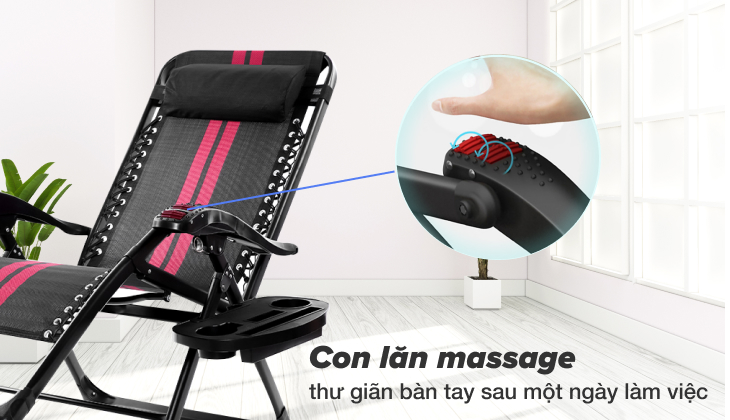 Tay ghế được làm bằng nhựa với thiết kế kiểu gợn sóng với con lăn massage lòng bàn tay