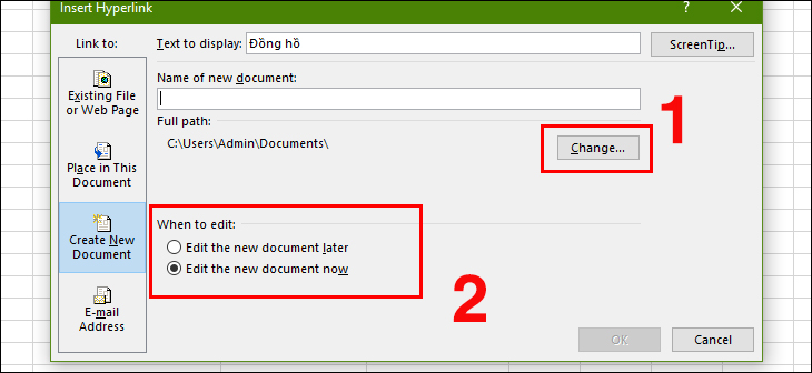 Nhấp vào Change để chọn vị trí để tạo 1 file Excel mới