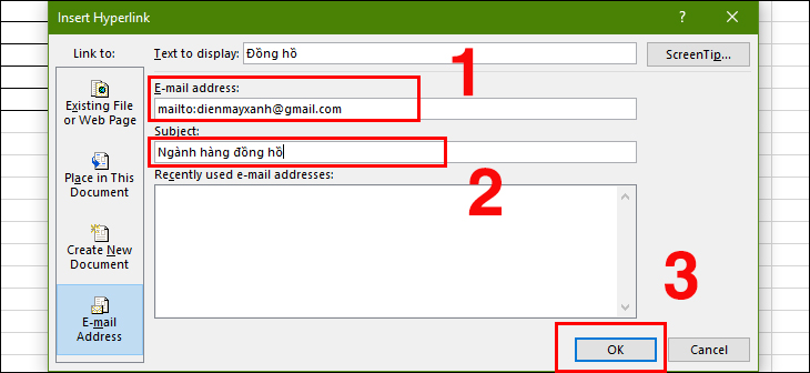 Nhập Email muốn liên kết > Nhập tiêu đề và nhấn OK.