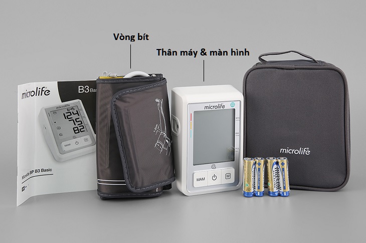Máy đo huyết áp tự động Microlife B3 Basic gồm màn hình hiện thông số và vòng bít