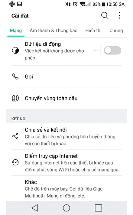 Điện thoại LG: Cài đặt > Chia sẻ và kết nối > Chia sẻ màn hình.