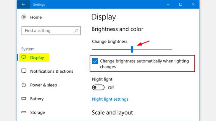 Tự động tăng giảm độ sáng màn hình Windows 10