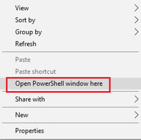 chọn Open PowerShell window here