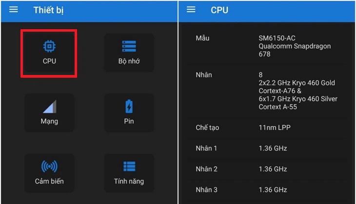 Để kiểm tra cấu hình CPU, chọn vào mục CPU để kiểm tra những thông số nhất định.