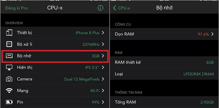 chọn Bộ nhớ để kiểm tra bộ nhớ RAM trên điện thoại.