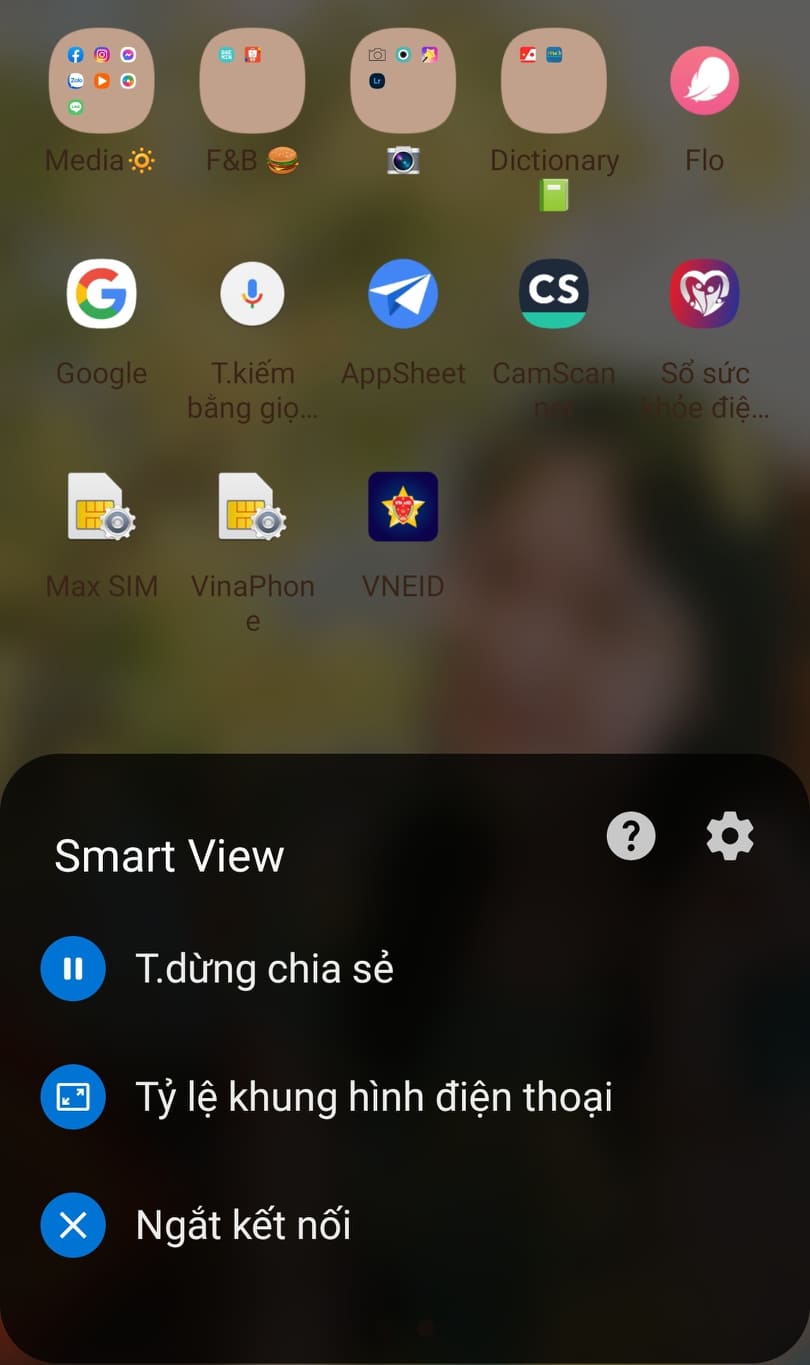 Một menu pop-up của Smart View hiện lên với các chức năng