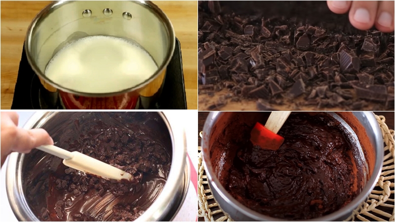 Khuấy tan socola và bột cacao để làm bánh souffle chocolate