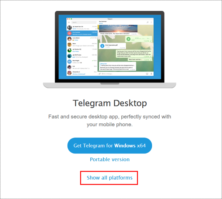 Giao diện trang tải Telegram cho máy tính