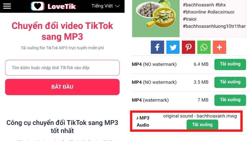 Chuyển nhạc TikTok sang MP3 bằng LoveTik