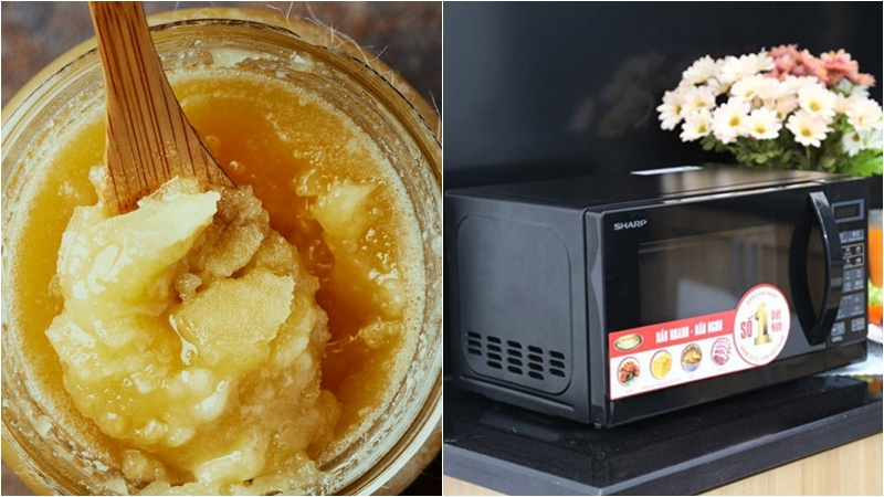 Cho chén hỗn hợp đường, mật ong và nước vào lò vi sóng