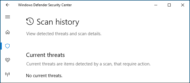 Lịch sử scan của Windows Defender