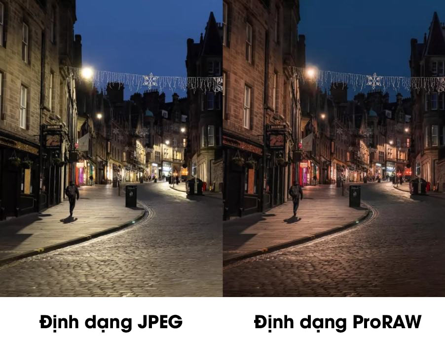 Ảnh chụp cảnh đêm chỉnh sửa trên nền định dạng JPEG và ProRAW