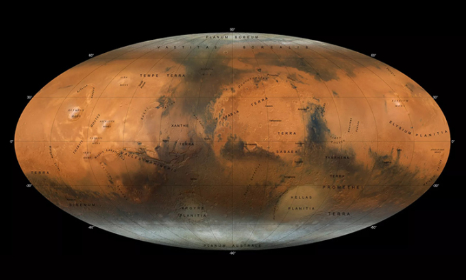 Bản đồ mới về sao Hỏa được tổng hợp từ các quan sát của tàu vũ trụ Hope. Ảnh: NYUAD