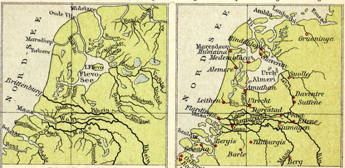 Bản đồ cho thấy sự phát triển của vịnh Zuiderzee ở Hà Lan trước và sau trận lụt St. Lucia. Ảnh: Wikimedia