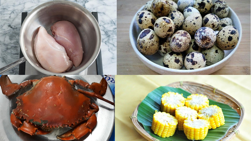 Luộc bắp, thịt gà, trứng cút và hấp cua