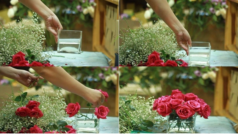 Cắm hoa hồng trong lọ thủy tinh rất đơn giản
