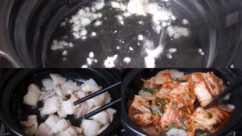 Phi tỏi và xào kim chi để nấu xanh kim chi Hàn Quốc
