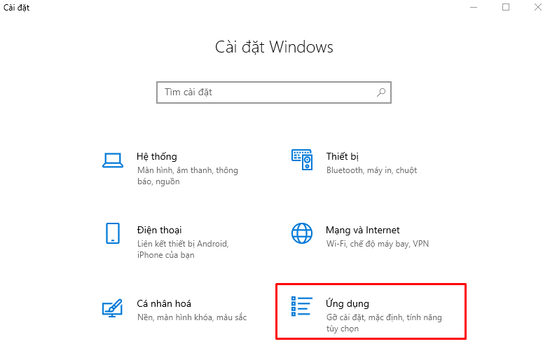 Nhấn tổ hợp phím Windows + I cùng lúc để mở Settings (Cài đặt). Chọn tiếp vào mục Apps (Ứng dụng).