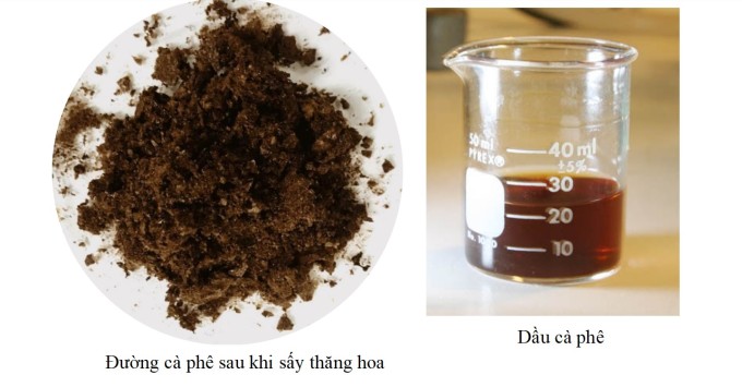 Sản phẩm đường (trái) và dầu cà phê ở dạng thô do nhóm điều chế từ bã cà phê. Ảnh: NVCC