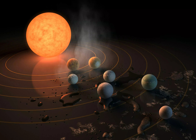 Mô phỏng hệ thống Trappist-1, trong đó Trappist-1b là hành tinh nằm gần sao chủ nhất. Ảnh: AFP