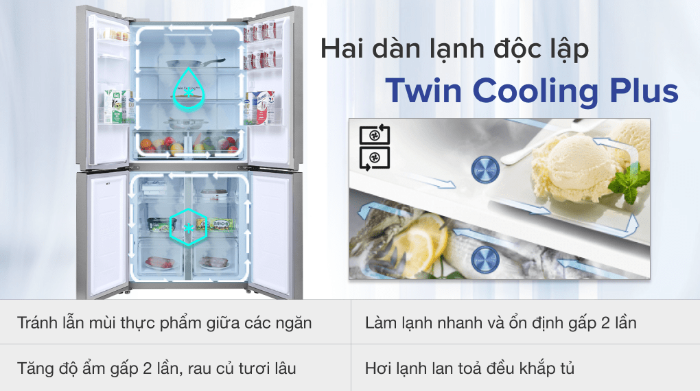 Đối với tủ lạnh Samsung thì được trang bị công nghệ Twin Cooling System