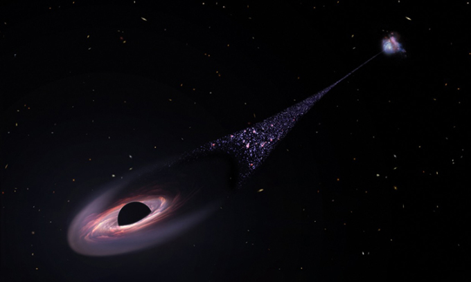 Mô phỏng hố đen chạy trốn khỏi thiên hà sau sự kiện va chạm. Ảnh: NASA/ESA