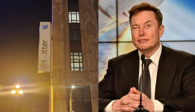 Hình ảnh Elon Musk và logo Twitter bị sơn chữ w. Ảnh: Twitter/Reuters