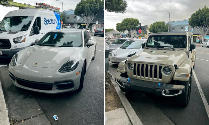 Hai chiếc xe sơn tông màu đất trầm: Porsche Panamera (trái) và Jeep Wrangler, cùng đỗ bên lề trên đại lộ Larchmont, Los Angeles, hôm 13/2. Ảnh: Los Angeles Times