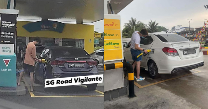 Cả hai ôtô đều mang biển số Singapore, và đang đổ xăng RON95 (vòi xăng có tay cầm màu vàng) tại Malaysia. Ảnh: SG Road Vigilante