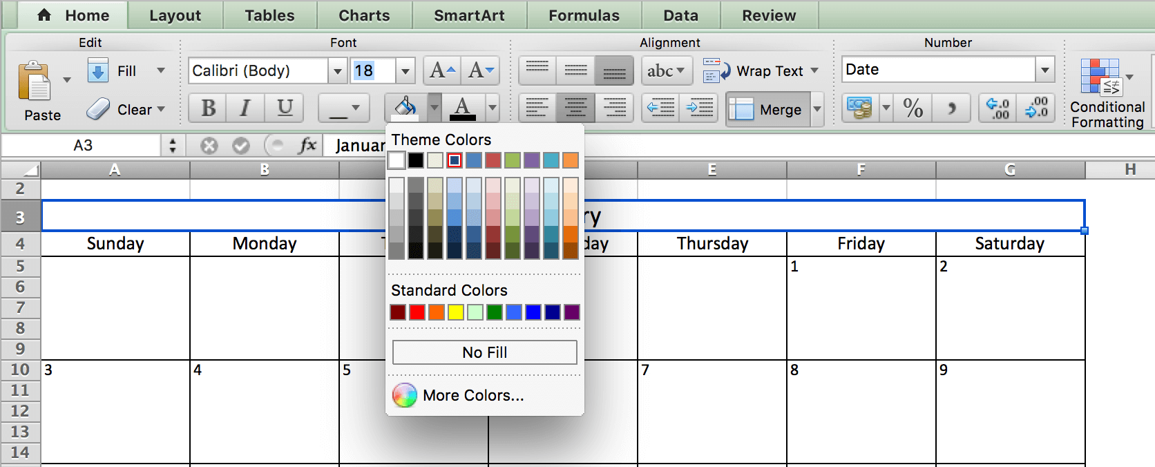 Thay đổi màu sắc lịch trong Excel