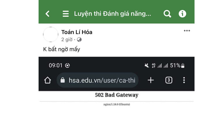 Một tài khoản thí sinh đăng kết quả không đăng nhập được trang web đăng ký thi đánh giá năng lực của Đại học Quốc gia Hà Nội lúc 9h01 sáng 6/2: Ảnh chụp màn hình
