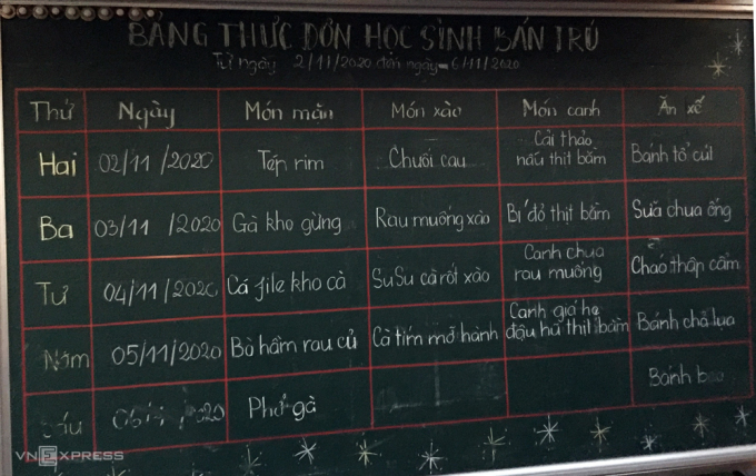 Bảng thực đơn bán trú theo tuần từ ngày 2 đến 6/11/2020 của trường Tiểu học Trần Thị Bưởi (TP HCM). Ảnh: Mạnh Tùng