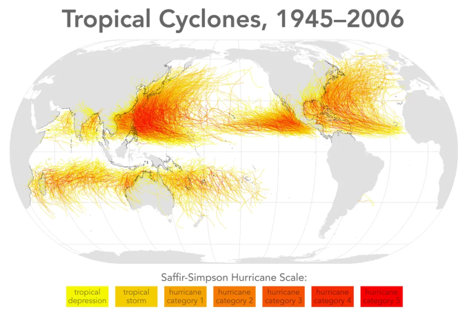 Bão nhiệt đới trong giai đoạn 1945 - 2006 tranhd đường xích đạo. Ảnh: Wikimedia