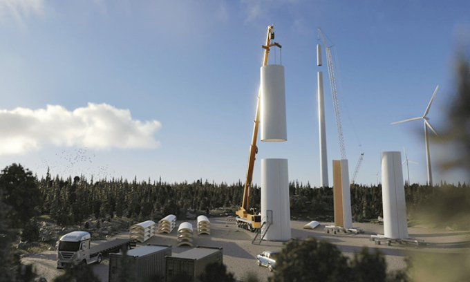 Mô phỏng quá trình lắp đặt turbine gỗ dạng module tại Thụy Điển. Ảnh: RWE Renewables