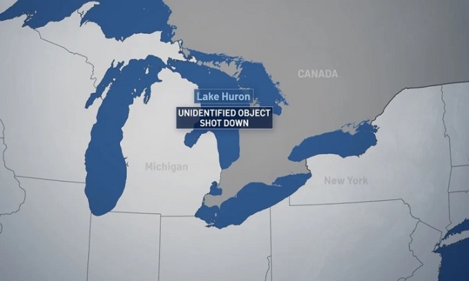 Vị trí hồ Huron, nơi quân đội Mỹ bắn hạ vật thể bay không xác định. Ảnh: NBC
