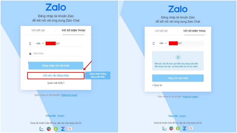 Nhập số điện thoại cần đăng nhập Zalo rồi nhấn chọn gửi yêu cầu đăng nhập