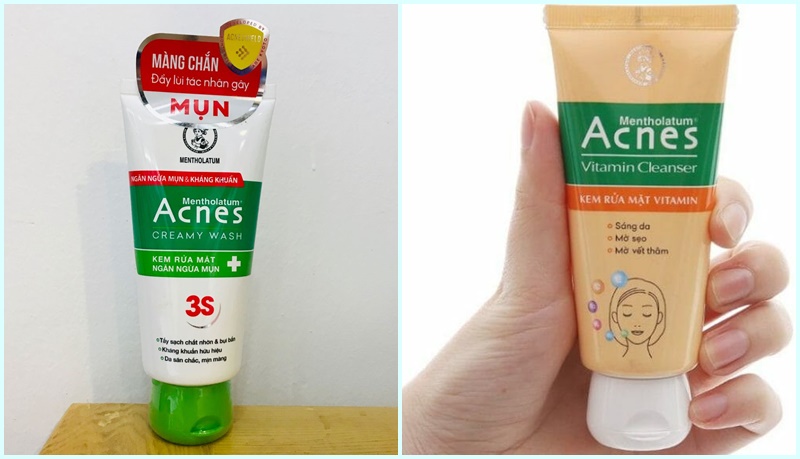 Sữa rửa mặt Acnes ngừa mụn, kháng khuẩn (trái), và sữa rửa mặt Acnes vitamin (phải)