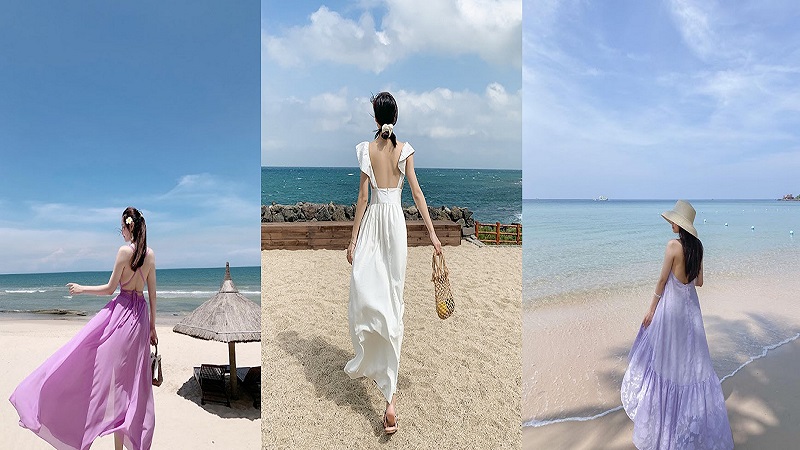 Minh hoạ cách tạo dáng chụp từ phía sau khi mặc váy maxi đi biển