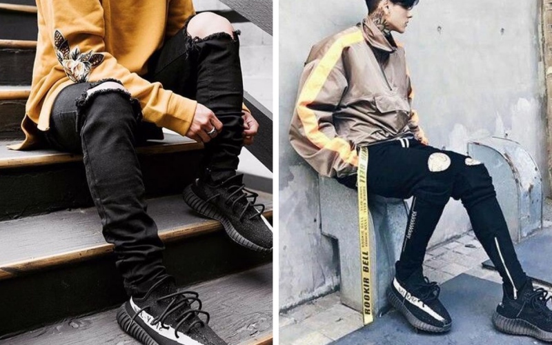 Giày Yeezy 350 cùng áo khoác thời trang và quần jeans rách gối