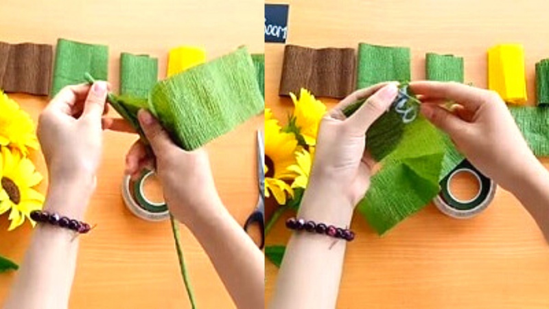 Các bước cuối cùng khi hoàn thành một bông hoa hướng dương bằng giấy nhún là gì?