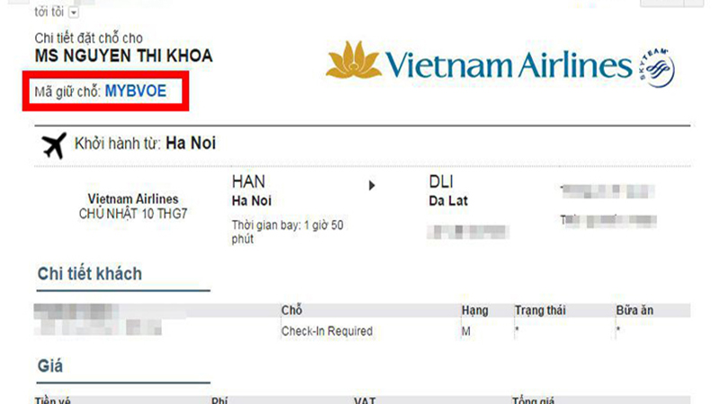 Code đặt chỗ Vietnam Airlines có 6 ký tự
