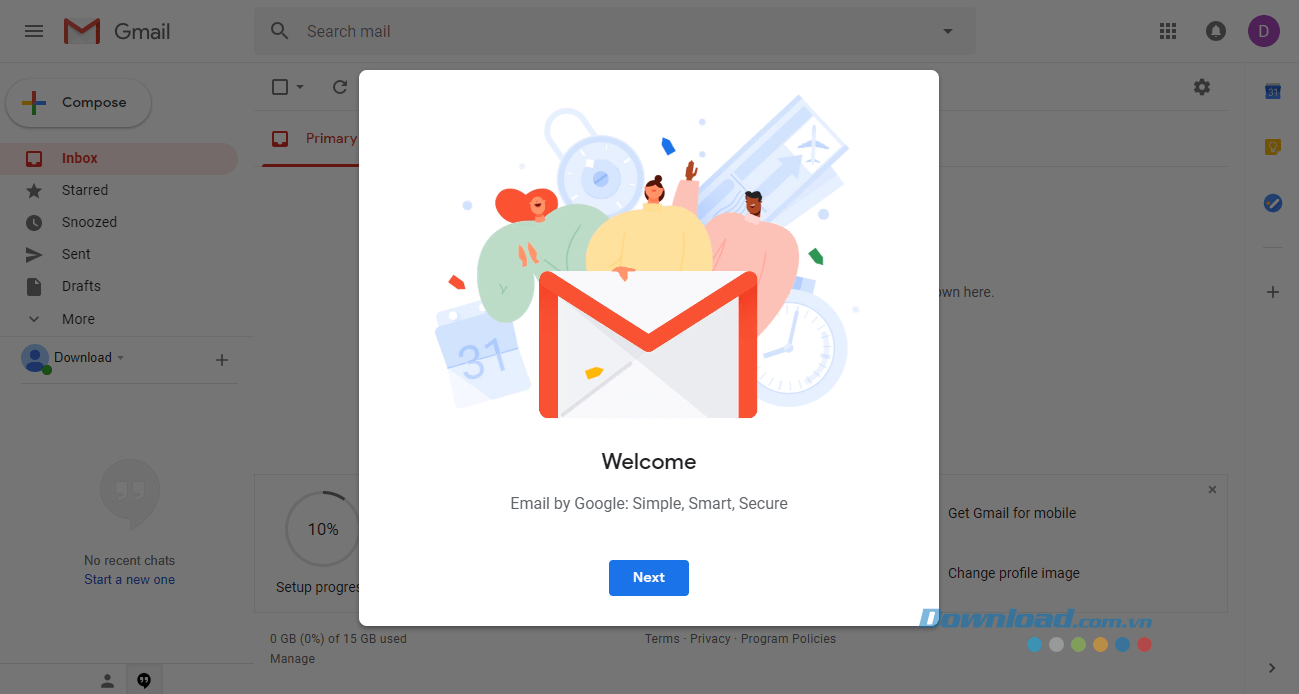 Tài khoản Gmail sau khi đã đăng ký thành công