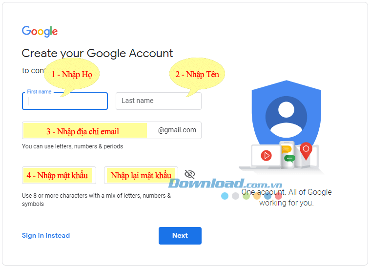 Điền thông tin đăng ký Gmail