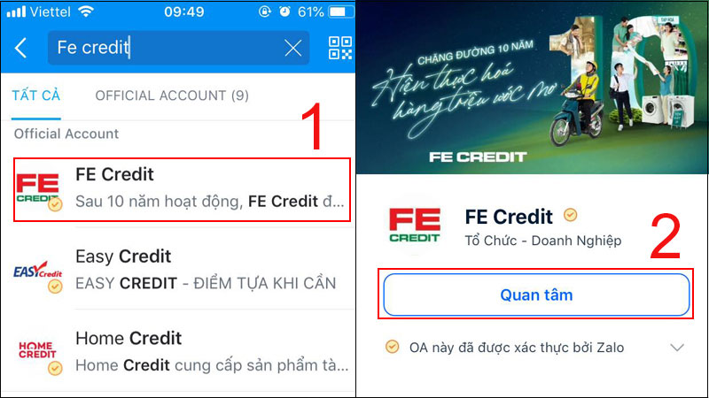 Nhấn lựa chọn nhập trang Zalo OA của FE Credit, tiếp sau đó nhấn "Quan tâm"