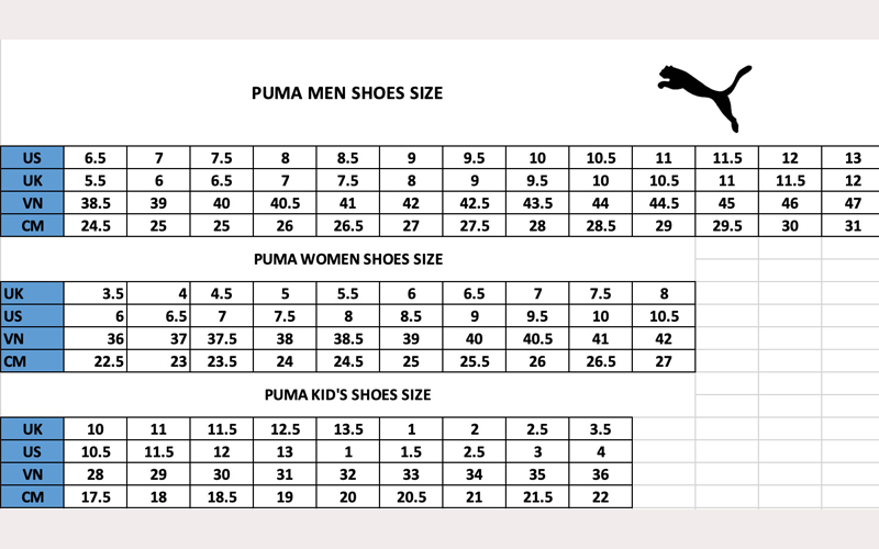 Bảng size giày của Puma
