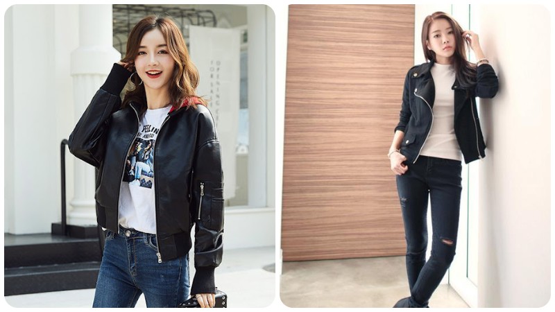 Áo jacket da đen và quần jeans